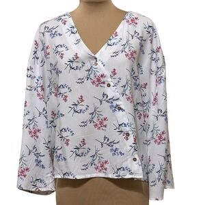 Bossini Floral Blouse Button Down Long Sleeve V‎ Neck Top White, US Large